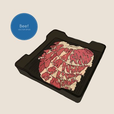 Ham sığır eti tepsisine dilimlenmiş. Vektör çizim 