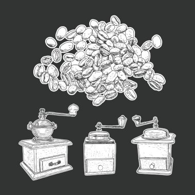 Kahve değirmeni izole vektör kümesi ve kahve çekirdekleri.