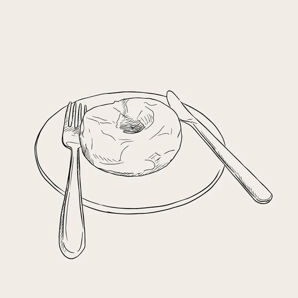 Солодкий пончик ескіз на білій тарілці . — стоковий вектор