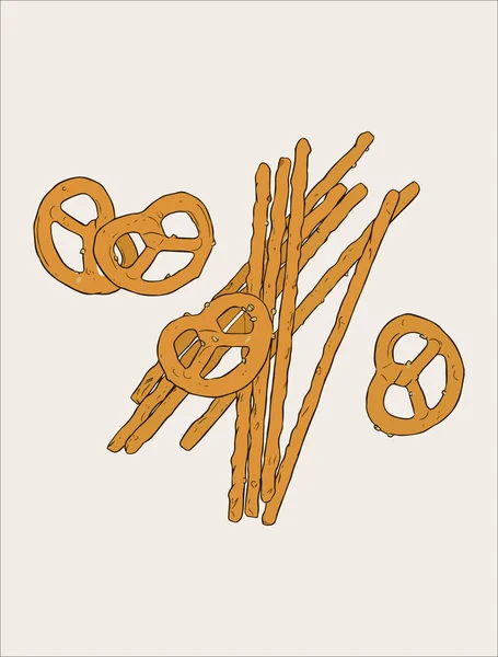 Snack dibujado a mano vectorial, ilustración pretzel. Estilo vintage s — Vector de stock