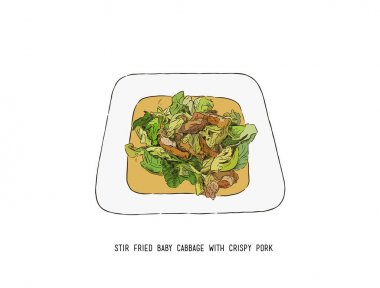 Stir Fried bebek lahana gevrek domuz eti ile Tayland gıda el çizmek sk