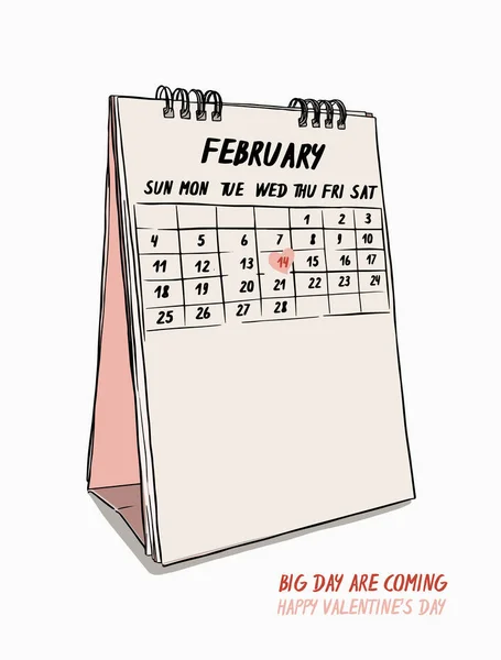 Alla hjärtans dag hand Rita 14 februari kalender vektor. — Stock vektor