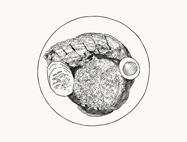 gevrek domuz eti pilav. Üstten Görünüm el çizmek sketch vektör.