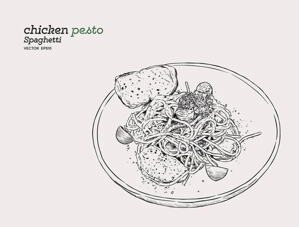 Pesto spaghetti, hand loting schets vector. — Stockvector