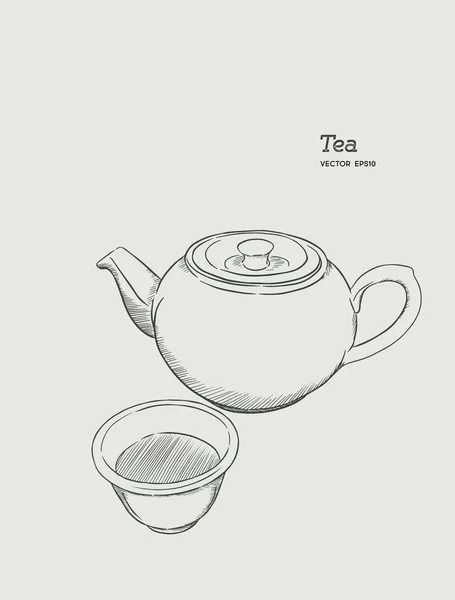 Zestaw gorącej herbaty, czajnik i szkła. ręcznie rysować szkic wektor. — Wektor stockowy