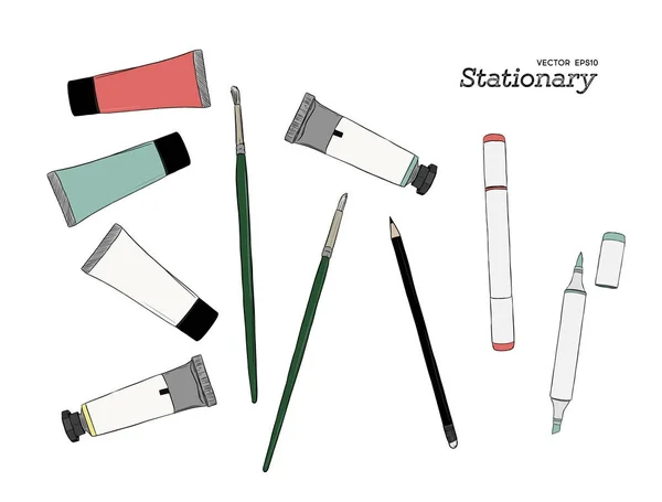 Conjunto de ferramentas e materiais de arte desenhados à mão. Vector doodle illustratio — Vetor de Stock