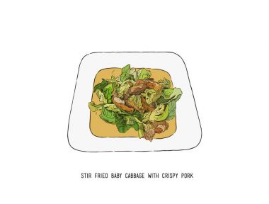 Stir Fried bebek lahana gevrek domuz eti ile Tayland gıda el çizmek sk