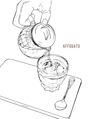 Affogato kahve, elle çizilmiş kroki resim, illüstrasyon vektör
