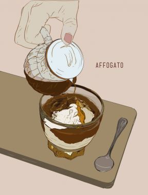 Affogato kahve, elle çizilmiş kroki resim, illüstrasyon vektör