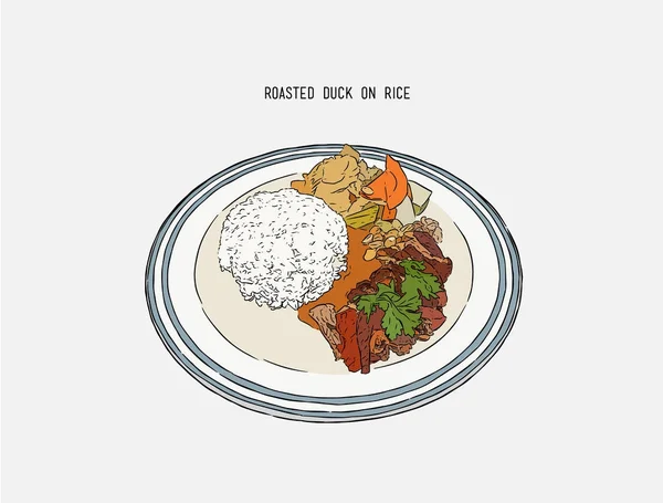 Bebek panggang dengan nasi, makanan Thailand, makanan Cina. sketsa gambar tangan - Stok Vektor