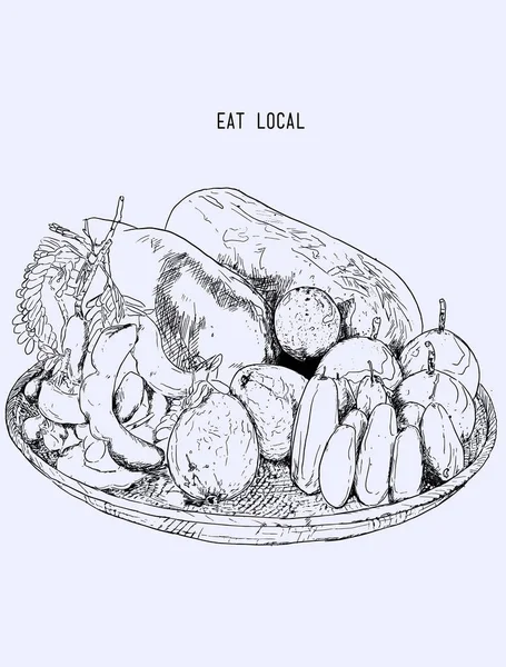 Lokalnych owoców w koszyku, ilustracja linia szkicu ręcznie rysowane V — Wektor stockowy