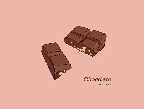 Morceaux de barre de chocolat aux arachides, vecteur de style croquis — Image vectorielle
