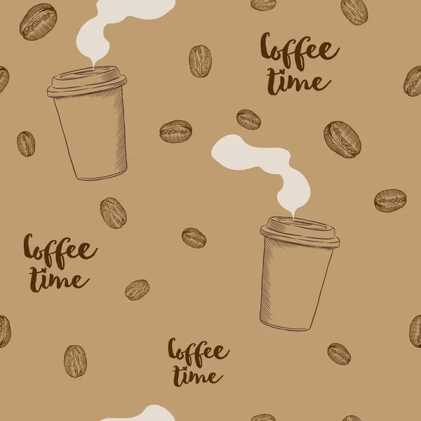 Kaffe sömlösa mönster. Handritad upprepande textur med ta — Stock vektor