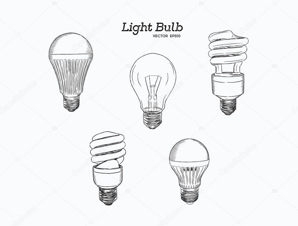 Vector hand drawn illustration of the light bulb evolution set