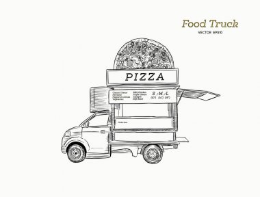 Mobile yemek kamyon. Pizza ile van. Vektör çizim.