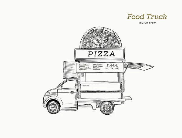 Camión móvil de comida. Van con pizza. Ilustración vectorial . — Archivo Imágenes Vectoriales