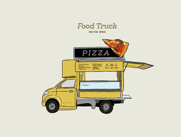 Mobiler Foodtruck. Lieferwagen mit Pizza. Vektorillustration. — Stockvektor