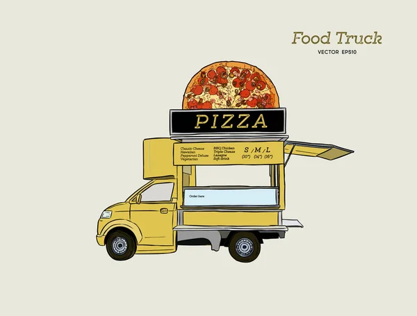 Mobile yemek kamyon. Pizza ile van. Vektör çizim. — Stok Vektör
