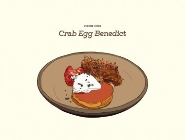 Yengeç kek Yumurta Benedict ile üst. el çizmek sketch vektör.