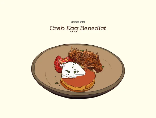 Crab Cake na górze z jajka Benedykta. ręcznie rysować szkic wektor. — Wektor stockowy