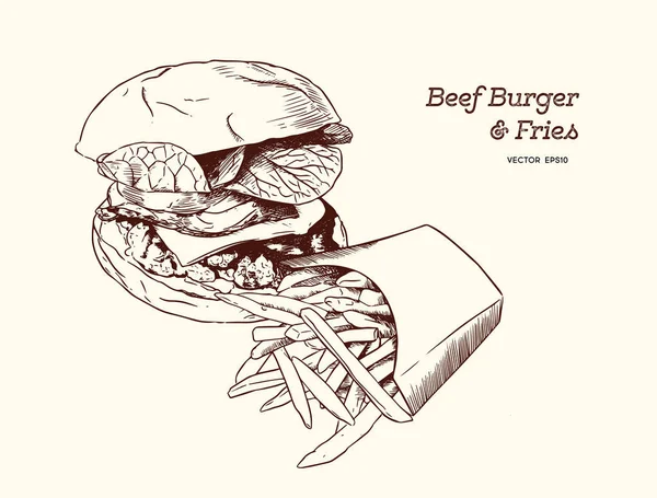 Ilustracja z burgerwith frytki, rysunek wektor — Wektor stockowy