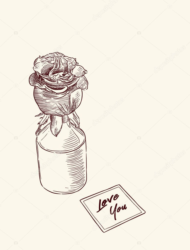 Rose in einer Vase mit Hinweis "Love you", von hand zeichnen Skizze