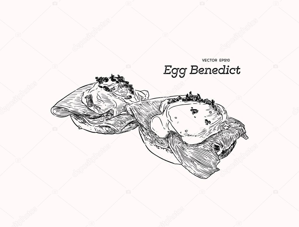 Egg Benedict, breakfast hand draw sketch vector.