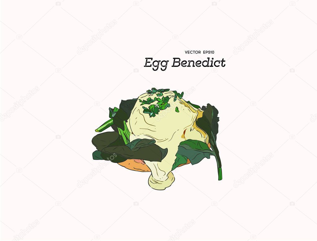 Egg benedict with spinach, hand draw sketch vector.