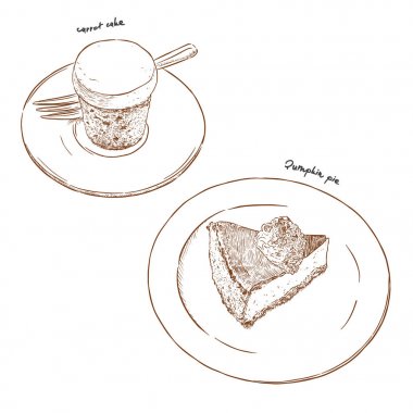 havuç kek ve kabak pasta, el çizmek sketch vektör.