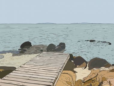 Harika deniz manzaralı. İskele kroki. Ahşap bağlantı noktası, deniz, ada, sahneleri