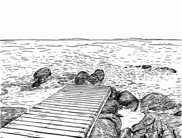 Magnífica vista al mar. Esbozo de muelle. Puerto de madera, mar, isla, paisaje — Vector de stock