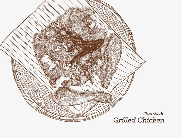 Pollo Parrilla Top Con Hierba Estilo Asiático Dibujar Mano Vector — Archivo Imágenes Vectoriales