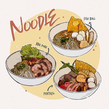 Noodle collection, Thai food. Hand draw sketch vector.
