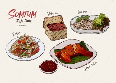 Somtum Collection, Thai food. Hand draw sketch vector. clipart