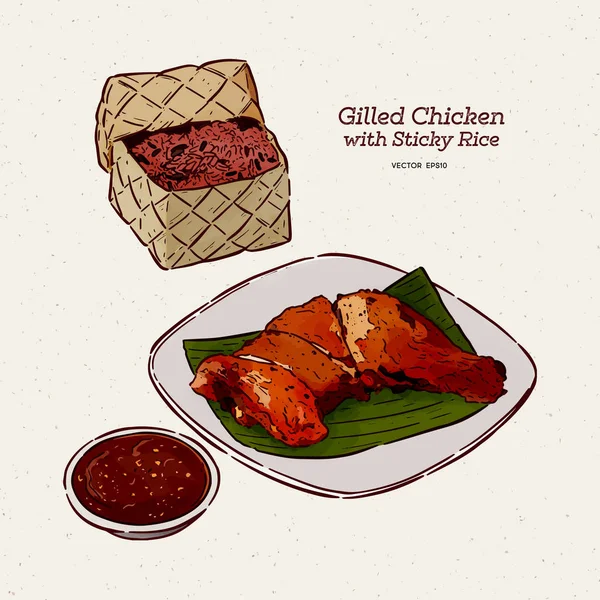 Pollo a la parrilla con arroz pegajoso, dibujo a mano vector boceto . — Vector de stock