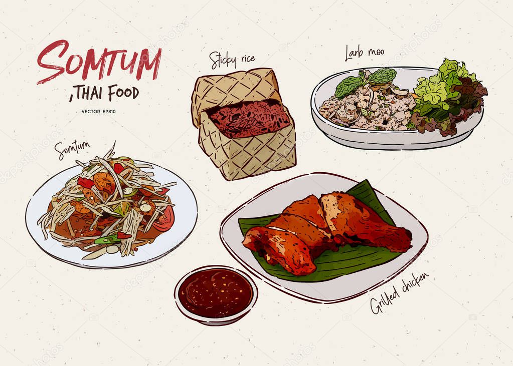 Somtum Collection, Thai food. Hand draw sketch vector.