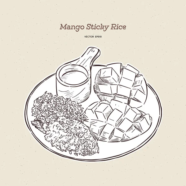 Riz collant sucré thaïlandais à la mangue, dessin à la main vecteur de croquis . — Image vectorielle