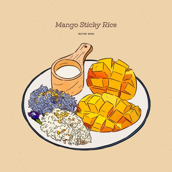 Thai sweet klebriger Reis mit Mango, Hand zeichnen Skizzenvektor. — Stockvektor