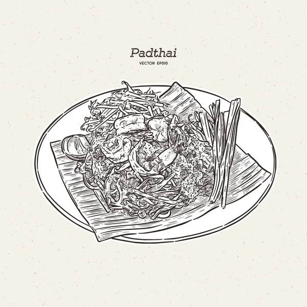 Noodle padthai cibo tailandese nel piatto. mano disegnare schizzo vettoriale — Vettoriale Stock