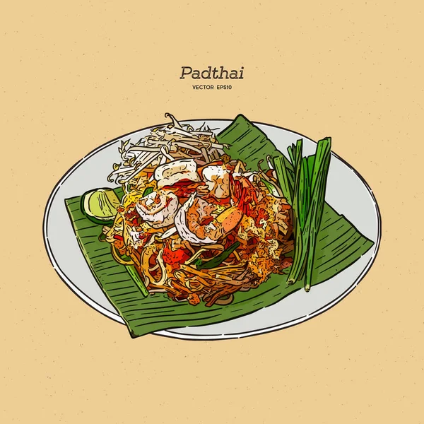 Fideos padthai comida thailand en el plato. dibujo a mano vecto — Vector de stock