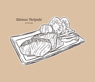 Somon teriyaki, Japon yemeği. El çizimi çizim vektörü.