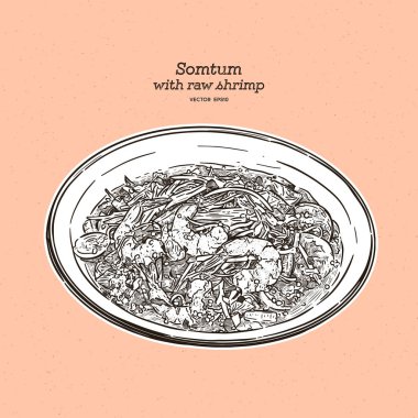 Baharatlı papaya salatası taze çiğ karides veya somtum, yerel Tayland foo 'su.