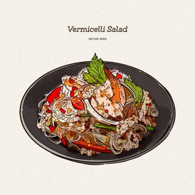 baharatlı vermicelli salatası, elle çizim vektörü.