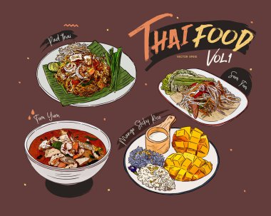 Thai food collection, hand draw sketch vector. clipart