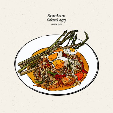 Tuzlu yumurtalı Papaya salatası, çizim vektörü..