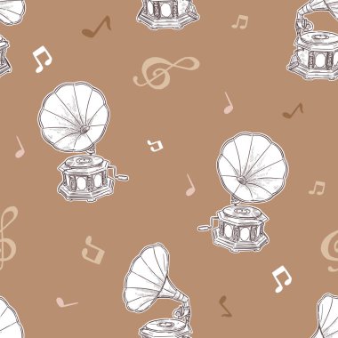 gramofon dikişsiz desen - vintage el çizimi vektörü 