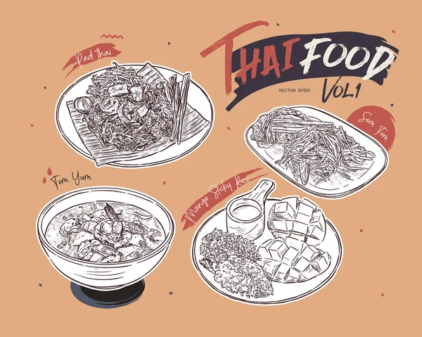 Recolección de comida tailandesa, dibujo a mano vector . — Vector de stock