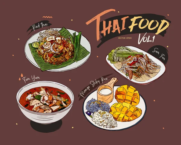 Collezione di cibo tailandese, disegnare a mano schizzo vettore . — Vettoriale Stock