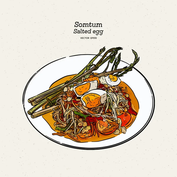 Papaya salad with salted egg, hand draw sketch vector. — 스톡 벡터