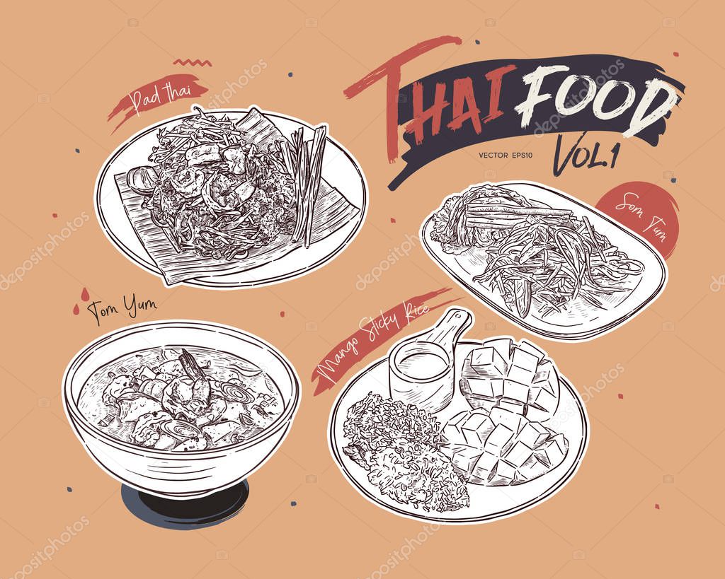 Thai food collection, hand draw sketch vector.